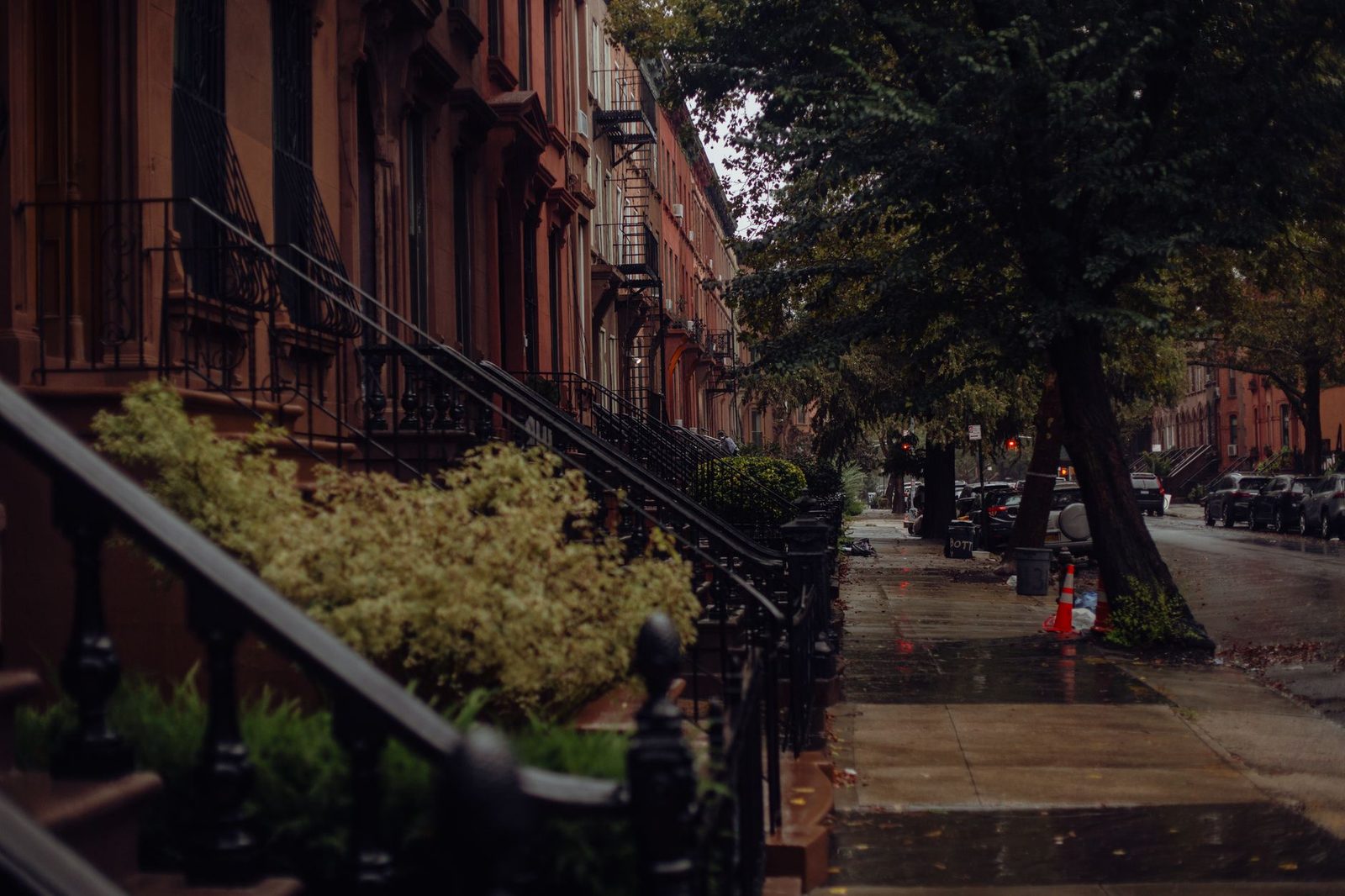 Brownstone buildings on a rainy New York City street